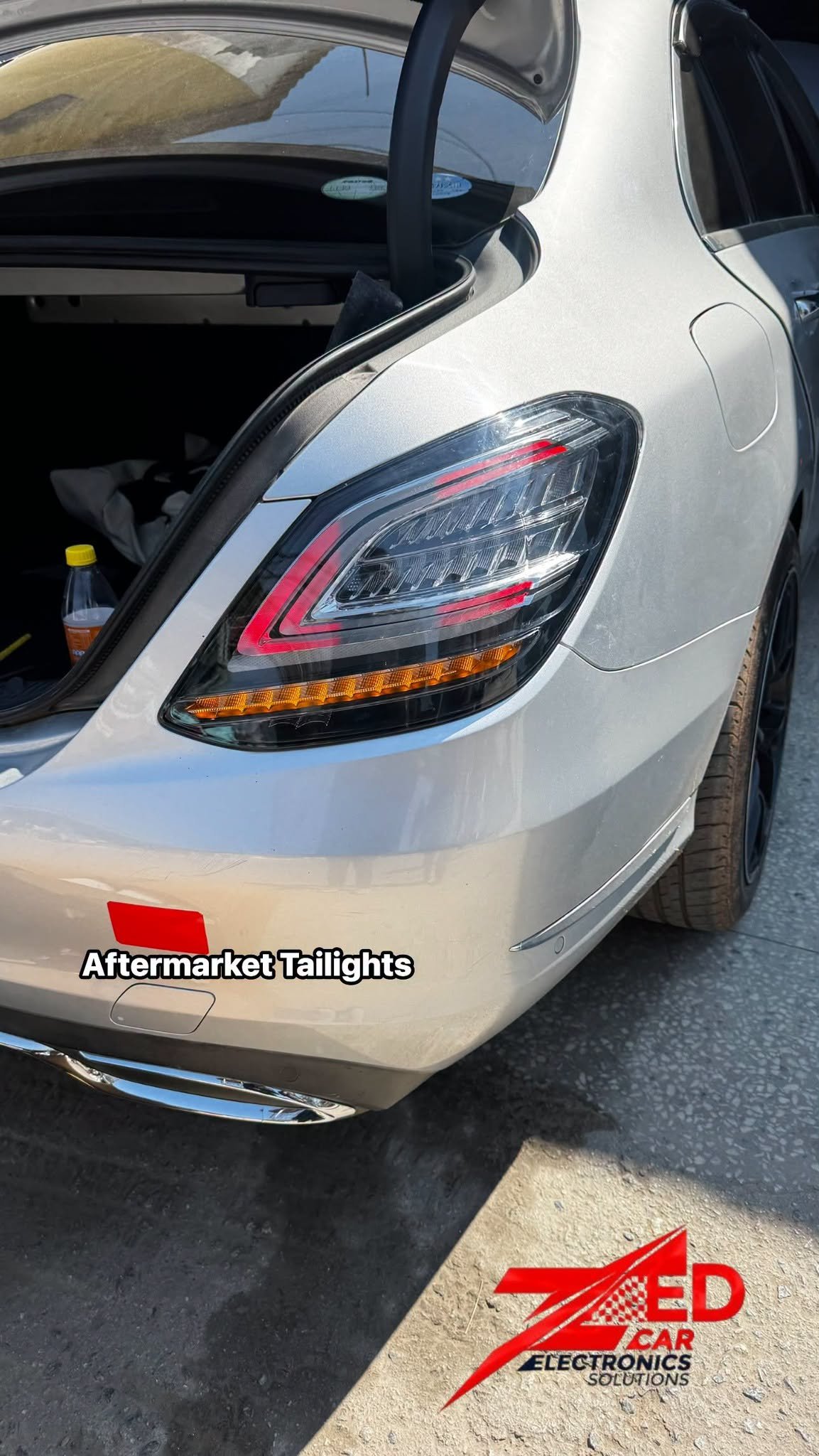 Aftermarket LED tail lights installed on Mercedes-Benz